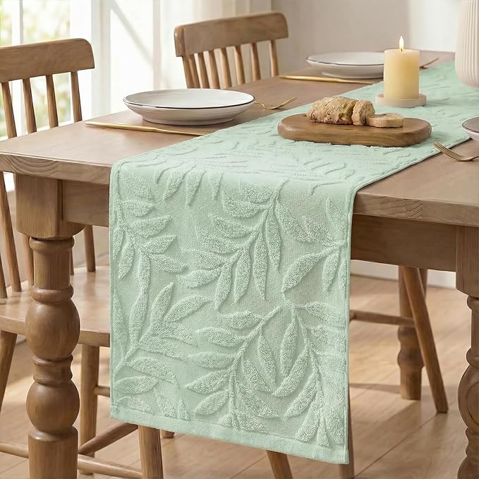 Artoid Mode Sage Green Soft Cotton Jacquard Leaves Spring Table Runner, Holiday Kitchen Dining Table Decoration for Home Party Decor 13x72 Inch