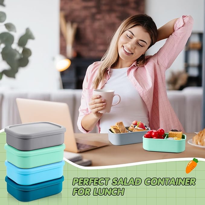 Layhit 4 Pcs Silicone Bento Box for Adults, 27 oz Bento Lunch Container Reusable 3 Compartment Lunchable Food Container for Women Men, Leak Proof Microwave Dishwasher Freezer Safe (Cool Colors)