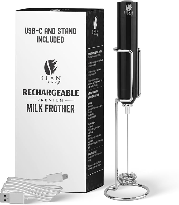 Bean Envy Rechargeable Milk Frother Handheld, Aluminium Coffee Frother Handheld with Stainless Steel Frother Wand, Best Coffee Frother Gift | Adjustable Speed Frother (USB C Cable and Stand Included)