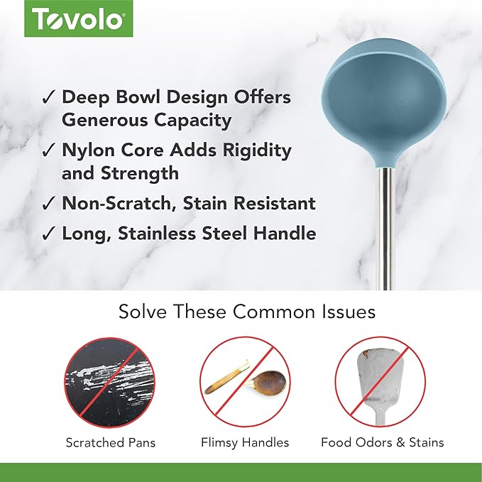 Tovolo Silicone Ladle with Stainless Steel Handle Blue Slate Soup Ladle Large, Dishwasher Safe Heat Resistant BPA Silicone Ladle Deep Spoon with Reinforced Nylon Core for Soup, Stew, Sauce & Punch