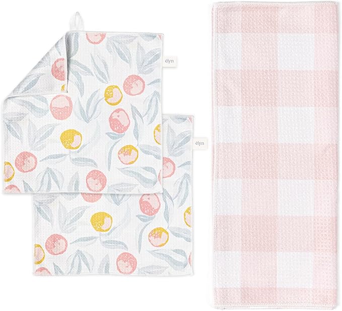 ELYN Microfiber Kitchen Dish Towel & Dish Cloth Set, Quick-Dry & Absorbent Waffle Weave Cleaning Cloths, Set of One Kitchen Towel & Two Washcloths, Paper Towels Alternative (Oranges & Gingham)