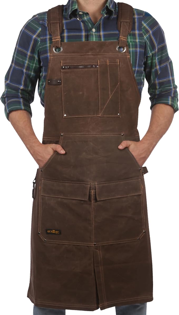 ecoZen 16oz Waxed Canvas Work Apron with Pockets - Waterproof, Fully Adjustable to Comfortably Fit Men and Women, 27 x 34 inches, Tough Tool Apron for Lasting Protection - Brown, Size S to XXL