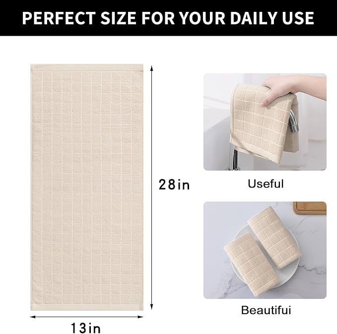 Homaxy 100% Cotton Terry Kitchen Towels(Beige, 13 x 28 inches), Checkered Designed, Soft and Super Absorbent Dish Towels, 5 Pack