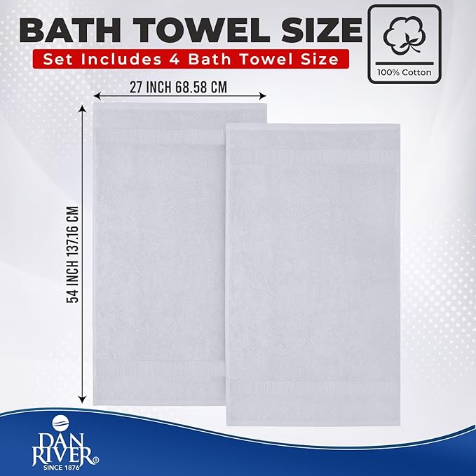 DAN RIVER Bath Towels Set of 4, 27 x 54 Inches, 100% Cotton, Larger & Lighter Weight, Quicker to Dry, Super Soft and Absorbent, Ideal White Towels for Daily Use