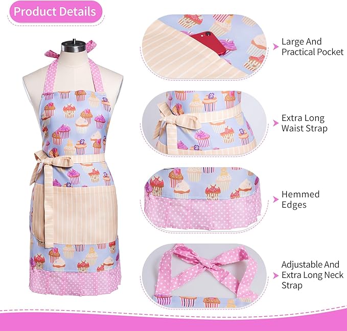 Lovely Flower Pattern Retro Aprons With Large Pockets for Women Girls Cooking Kitchen Bakery Mother's Gift