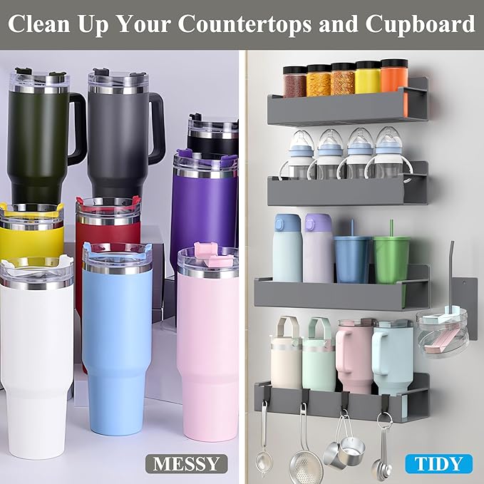 HuggieGems Magnetic Water Bottle Holder for Refrigerator, Cup Holder Organizer for Stanley and Tumbler for Kitchen, 4 Pack, Dark Gray