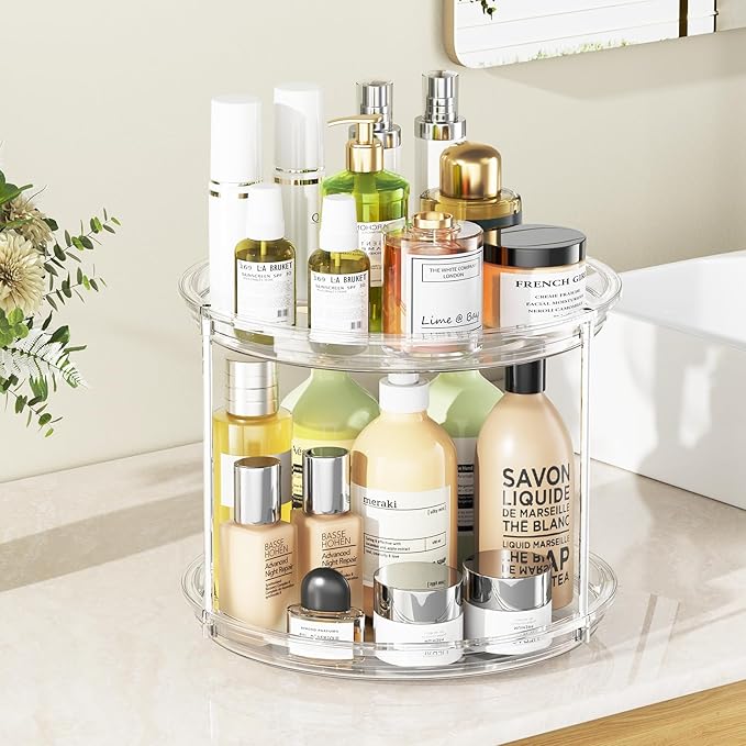 2 Pack 2 Tier Lazy Susan Organizer, 9.25'' Lazy Susan Turntable for Cabinet, Stackable Turntable Organizer Rotating Spice Rack Organization for Kitchen Countertop, Pantry, Bathroom, Clear