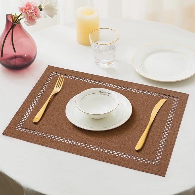 Linen Cloth Placemats Set of 4, HADEEONG 12 x 18 Inch Hollow Edge Place Mats Washable Heat Resistant Placemats Cloth Table Mats for Dining Table Home Decor (Brown, 4)