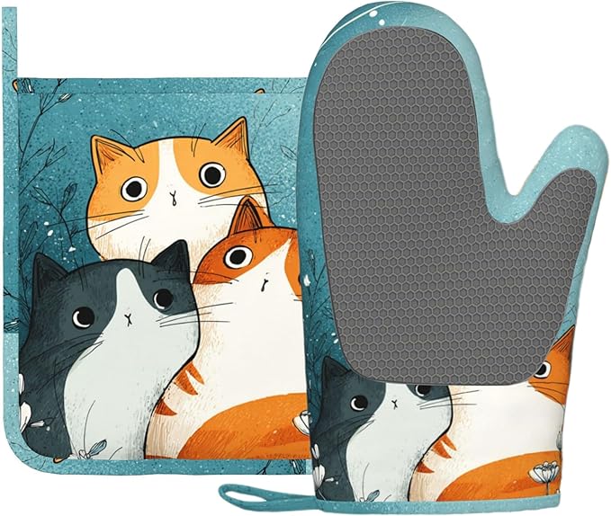 Cute Cartoon Cat Oven Mitts and Pot Holders Sets Funny Cat Silicone Heat Resistant Kitchen Oven Gloves Pot Holder for Cooking Baking Grilling BBQ