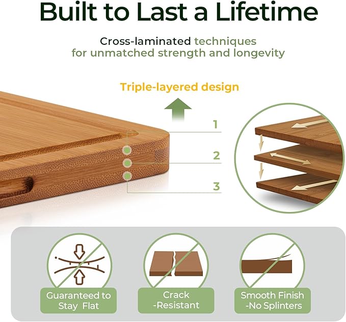Keechee Butcher Block 2-Pcs Carbonized Bamboo Cutting Board Set With Juice Groove For Meal Prep & Cheese Serving - Ideal Kitchen Gift Set of 2 (M+L)