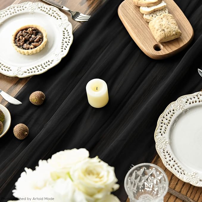 Artoid Mode Black Gauze Table Runner 120 Inch 10FT, Seasonal Sheer Kitchen Dining Holiday Wedding Birthday Baby Shower Table Decor for Home Party