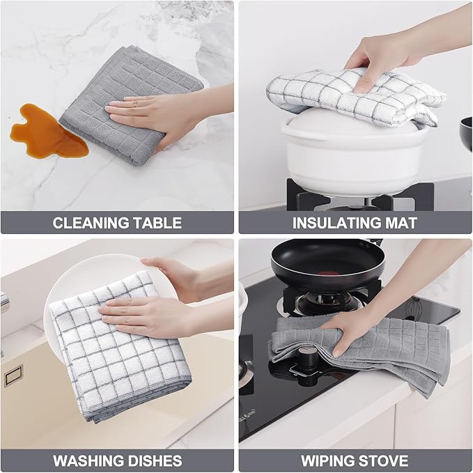 Homaxy Premium Cotton Kitchen Towels 16"x 28", Large Natural Ring Spun 390 GSM Dish Towels, Super Absorbent Terry Kitchen Hand Towels, Soft Tea Towels with Hanging Loop, Light Grey Check, 6 Pack