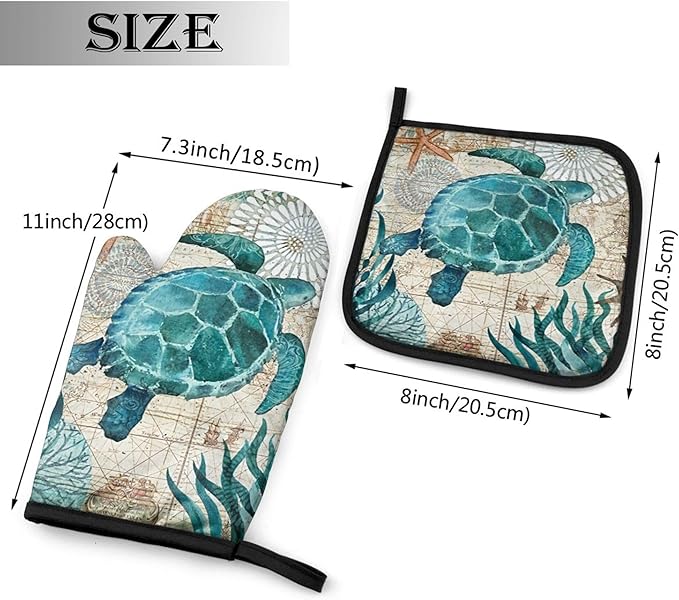 Blue Sea Turtle Oven Mitts & Pot Holders Sets Holiday Kitchen Decor Nautical Map Area Heat Resistant Non-Slip Potholders Set for Cooking Baking BBQ