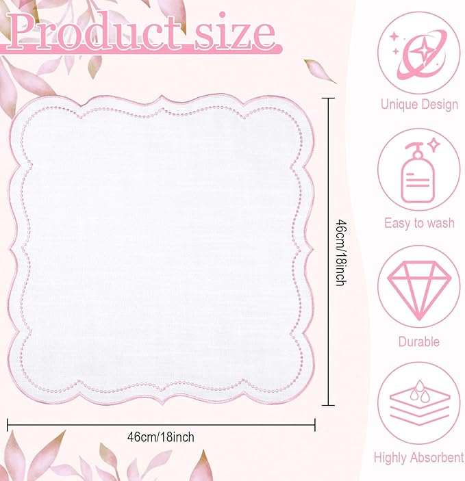 Hahafelt Cloth Napkins 18x18inches Scalloped Embroidery Cloth Napkins Washable Polyester Table Dinner for Hotel Restaurant Weddings Events Parties (Light Pink,12 Set)