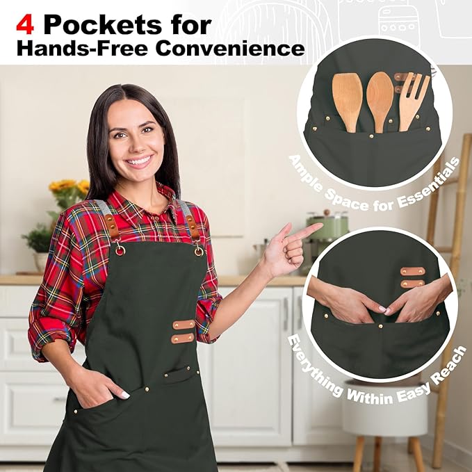 BeLuyi chef apron bib tool apron for man woman cross back straps with 4 pockets for kitchen cooking gardening baking working