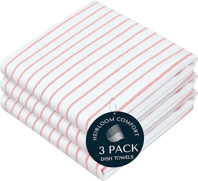 Orange Stripe Cotton Kitchen Towels Set of 3, Durable & Super Absorbent Dishcloths Pack, Classic Stripe Towel Set, Quick Dry Towels for Daily Kitchen Use, Wiping & Drying Dishes