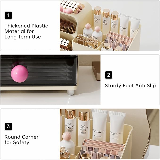 Makeup Organizer for Vanity with Brush Holder, Large Plastic Bathroom Countertop Skincare Organizer with 2 Drawers, Spacious Cosmetic Display Case for Perfumes, Eyeshadow Palettes, Nail Polishes