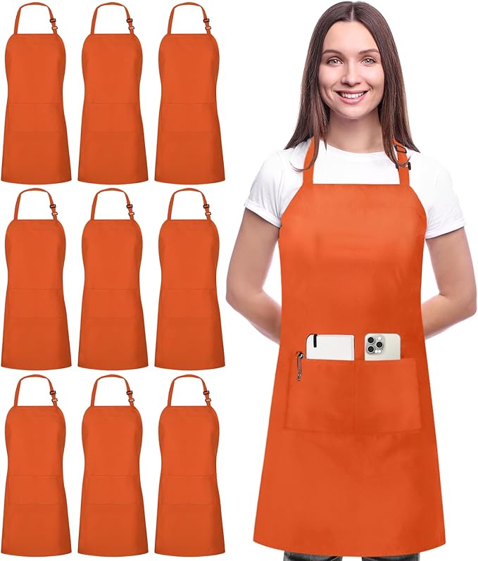 Utopia Kitchen 10 Pack Bib Apron Adjustable with 2 Pockets, Water and Oil Resistant, Cooking Kitchen Chef Apron for Women Men
