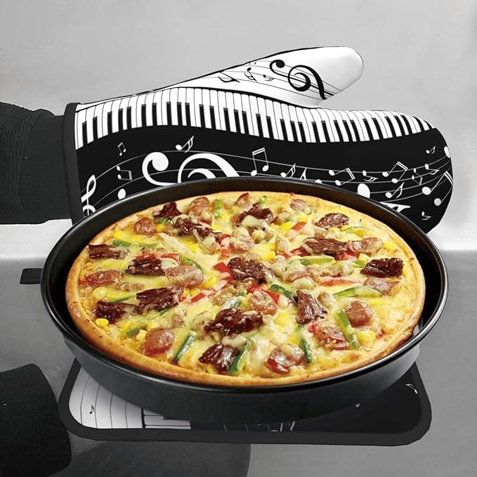 Piano Keys and Notes Oven Mitts and Pot Holders Heat Resistant Oven Mitts Safe for Baking Cooking BBQ