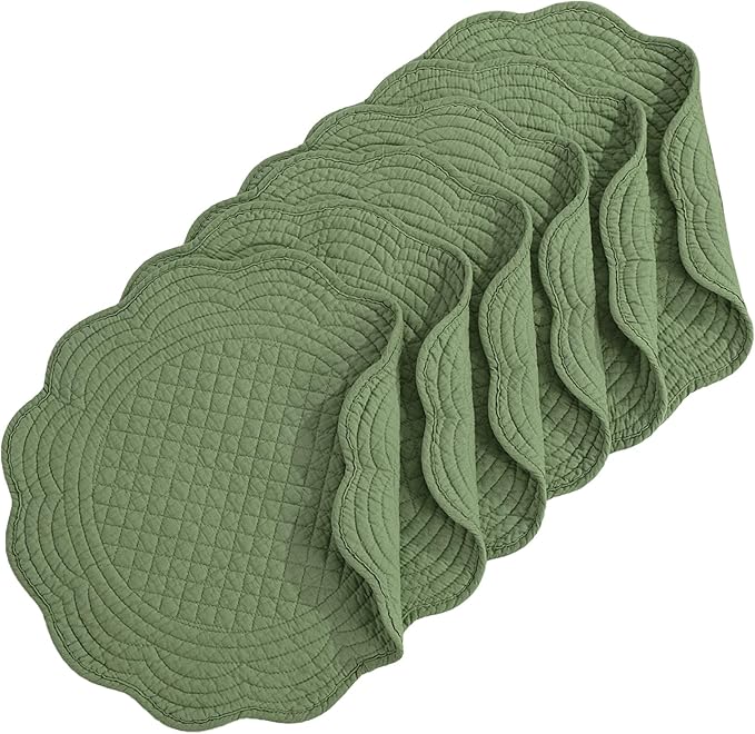 HOMBYS Quilted Placemats Set of 6 Washable Round Placemats for Kitchen Table-100% Cotton Fabric 14 Inch Round Table Mats, Cotton Fabric with Microfiber Filling (14"x14", Emerald Green)