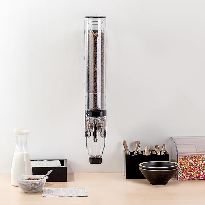 Restaurantware Cereal Dispenser 3 gal Plastic Wall-Mounted Gravity Bin Candy Dispenser Self-Serve Black Dry Food with Wall Mount Brackets for Breakfast Buffet or Hotel Use