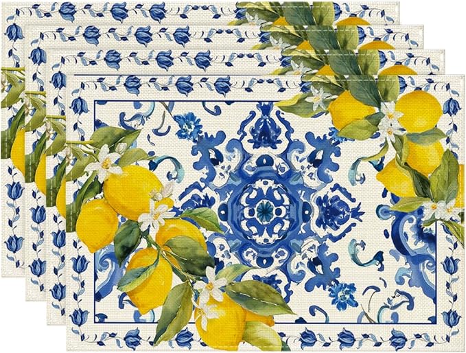 Artoid Mode Lemon Blue and White Porcelain Summer Placemats Set of 4, 12x18 Inch Vanilla Holiday Table Mats for Party Kitchen Dining Decoration