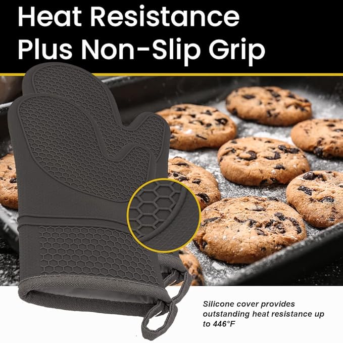 Oven Mitts, Potholders & Oven Mitts, Heat Resistant Silicone, Non-Slip, Flexible, Durable, Easy Clean, Cotton Lining, Each Oven Mitt is Double Sided (Pair of 2 Oven Mitts) Grey