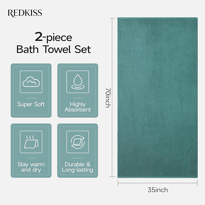 REDKISS 2 Pack 100% Cotton Thick Extra Large Bath Towels 35 X 70 Inches, Quick Dry, Ultra Soft & Highly Absorbent Blue Bathroom Towel Sets for Bathroom, Gym, Spa, Pool & Hotel