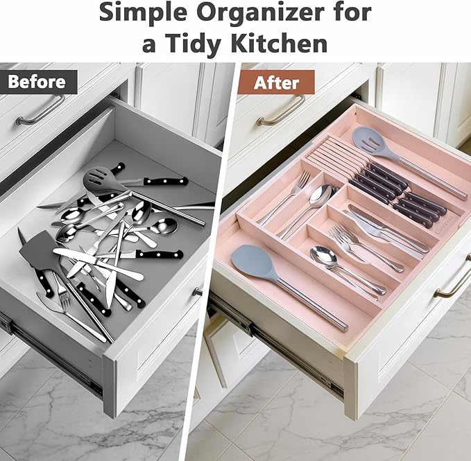 9-Piece Bamboo Kitchen Drawer Organizer Set, Expandable Silverware &Utensil Organizer with Removable Knife Block & Steak Knives, Flatware Organization, Tableware Dividers Storage(Pink)
