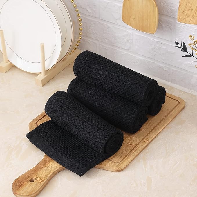 Homaxy 100% Cotton Waffle Weave Kitchen Towels, 13 x 28 Inches Super Absorbent and Machine Washable Dish Towels for Drying Dishes, 6-Packs, Black