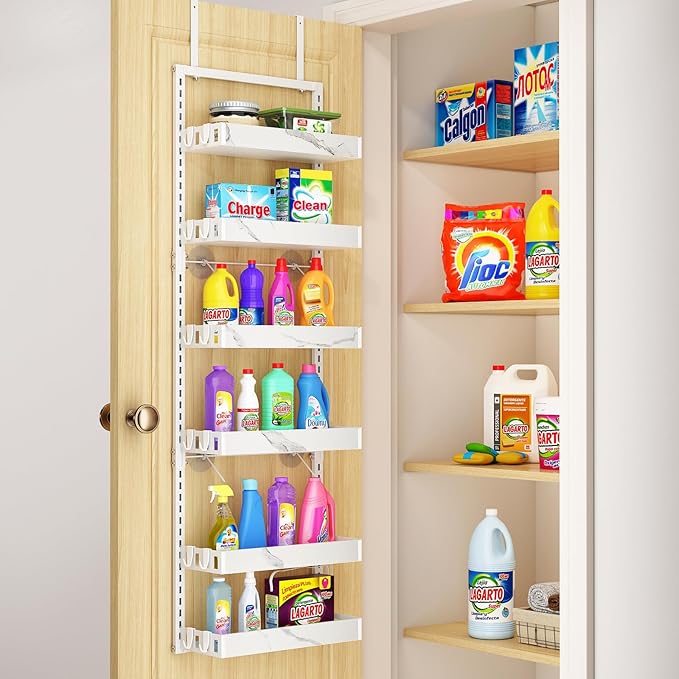 bukfen Over the Door Pantry Organizer, 6-Tier Adjustable Basket Kitchen Pantry Door Organization and Storage, Heavy-Duty Metal Hanging Kitchen Spice Rack, D6.3 x W17.32 x H50.60 inch, 1 Pack