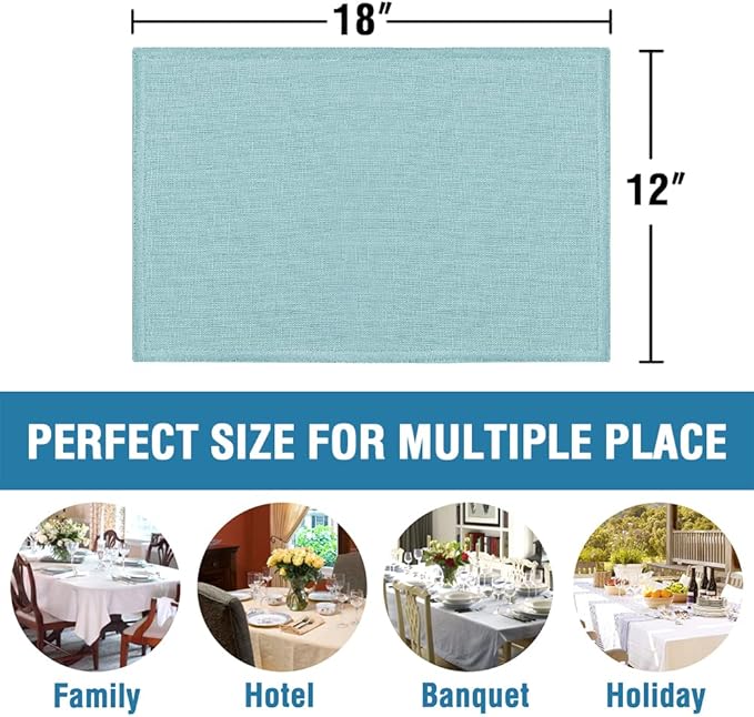 H.VERSAILTEX Linen Placemats Set of 4 Premium Solid Table Placemats for Dining Table Spill-Proof Waterproof Table Mats Heat-Resistant Kitchen Table Mats Washable, 12x18 inches, Aqua