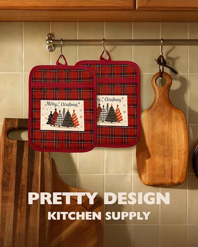 Slohif Silcone Christmas Pot Holders for Kitchen - 100% Cotton Red Cute Oven Potholders with Pockets, Heat Resistant Square Thick Hot Pads, House New Home Baking Baker Gifts,2pack