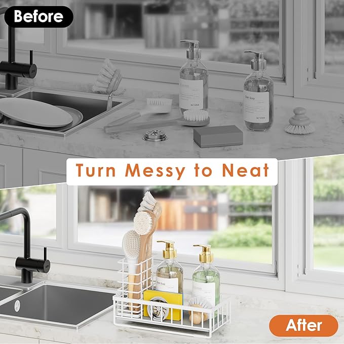 OVICAR Kitchen Sink Caddy Organizer - Sponge Holder with Dish Brush Holders - Instant Dry Waterproof Soap Dispenser Non-Slip Countertop Sink Caddy for Kitchen Bathroom White