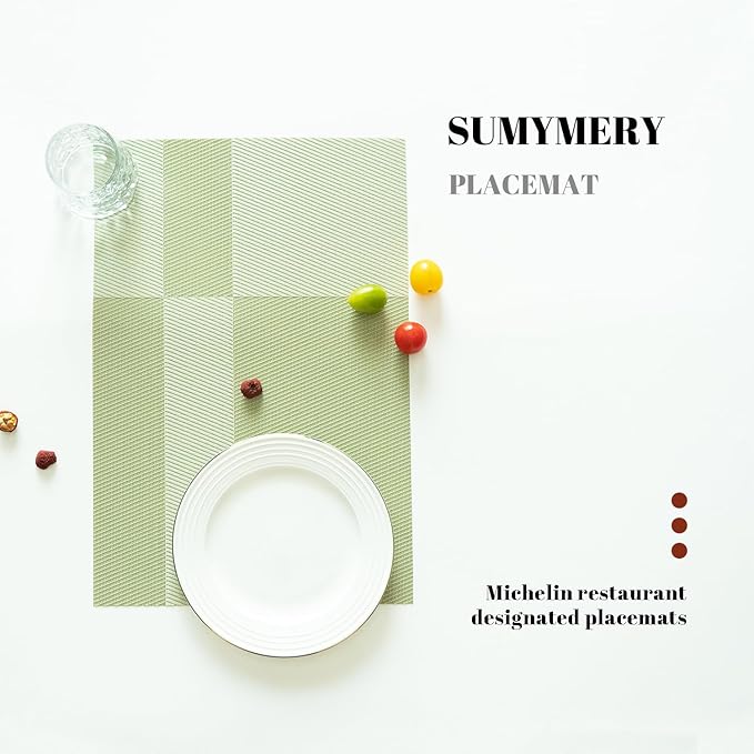 Placemats Set of 8 Vinyl/Plastic Woven Place Mats for Kitchen Table Indoor/Outdoor Washable Placemat Wipeable Dining Table Mats (Green Cube,8)