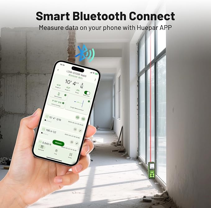 Huepar Laser Distance Measure 330Ft. Digital Rechargeable Laser Measuring Tool with Bluetooth -Phone APP, 1/16in Accuracy, Angle Sensor, M/in/Ft Unit, Pythagorean Mode, Measure Distance, Area, Volume