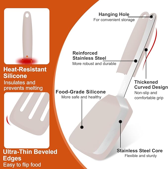 2 Pack Silicone Spatula Set, 600°F Heat Resistant Kitchen Spatula, BPA Free Solid & Slotted Turner, Flexible Cooking Utensils for Non Stick Frying Pan, Flipper for Eggs and Pancakes (Khaki)