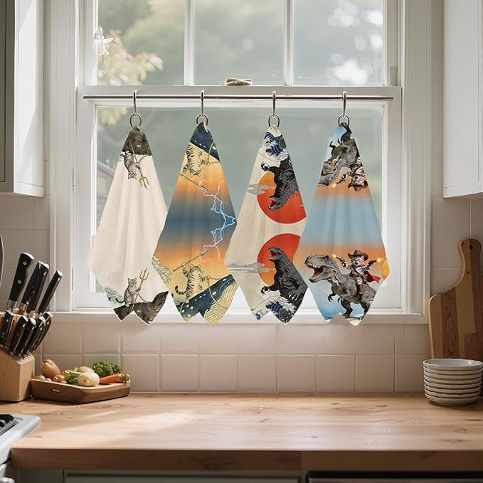 4 Pcs Funny Cat Kitchen Towels 24x14 Inch, Godzilla Japanese Cats Gifts Hand Towel, Microfiber Dish Cloths for Drying Dishes, Waffle Dish Towels for Kitchen Home Decor, Cat Lover Gifts for Women Mom