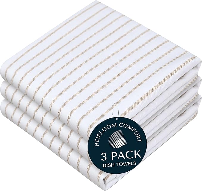 Beige Stripe Kitchen Towels, 5 Pack, 100% Cotton, Super Absorbent and Quick Dry, Classic Striped Towel Set, Durable Dish Cloths for Kitchen Use, Cleaning & Drying Dishes