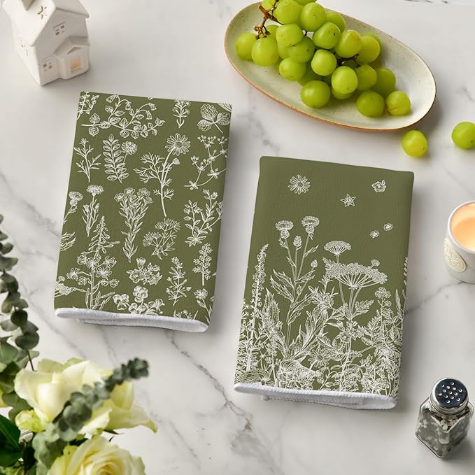 Artoid Mode Green Antique Herbs Wild Flowers Leaves Spring Kitchen Towels Dish Towels, 18x26 Inch Seasonal Decoration Hand Towels Set of 2
