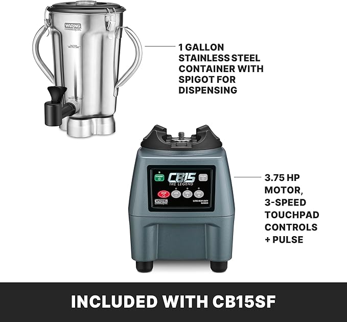 Waring Commercial Heavy Duty Blender, 3.75 HP Motor with 1-Gallon Stainless Steel Jar & Spigot, for Smoothies Soups Sauces Restaurants, CB15SF