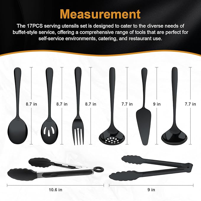 17PCS Serving Utensils Set Flatware, Stainless Steel Serveware Large Serving Spoons, Slotted Spoons, Forks, Tongs, Cake Server,Soup and Skimmer Spoon for Buffet, Catering, Party, Dinner (Black)