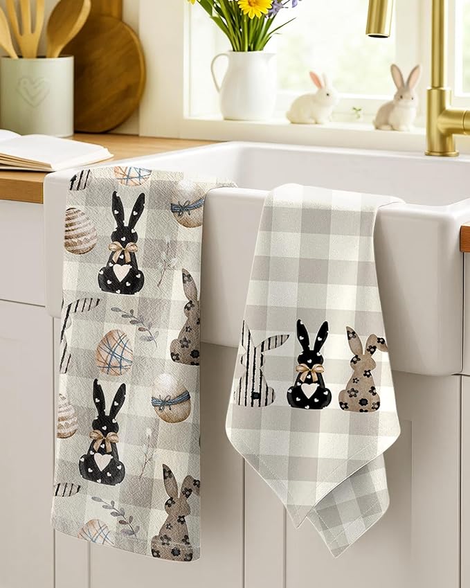 Miss Adola 2pcs Easter Kitchen Towels - Flour Sack Tea Towels Set of 2 with Hanging Loop 18x26 Inch Spring Bunny Eggs Beige Checkered Hand Dish Cloths Reusable Dishcloths Cute Easter Decor