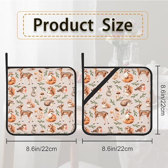 Mushroom Squirrel Deer Hedgehog Pot Holder Set of 2,Heat Resistant Potholders Oven Hot Pads for Kitchen Cooking Baking BBQ