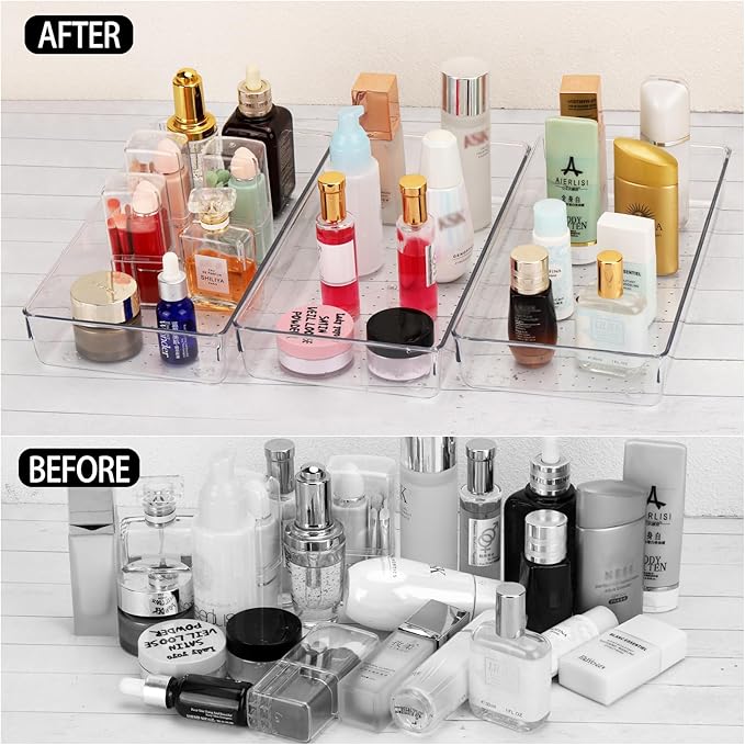 Ohlove 6Pcs Clear Plastic Drawer Organizers Tray 12" x 6.2" Storage Bins with 25Pcs Non-Slip Pads for Makeup, Jewelries, Kitchen Utensils, Bathroom and Office