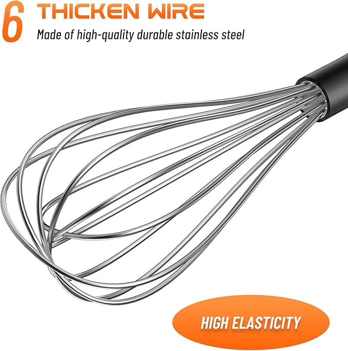 NileHome Silicone Whisk Set 8" 10" Kitchen Whisk Kitchen Wisk Wire Whisks for Cooking, Whisking, Blending, Beating, Stirring-Black Silver