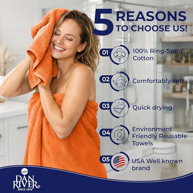 DAN RIVER 8 PC Luxury Bath Towels for Bathroom, 2 Bath, 2 Hand, and 4 Wash Cloths, 600 GSM 100% Ring Spun Cotton Towel Set, Highly Absorbent, Gym, Hotel, and Spa, Orange