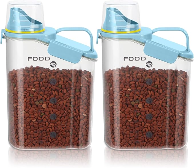 LEAWALK Airtight Small Cat Dog Pet Food Storage Containers BPA Free, with Large Pour Spout/1 Measuring Cup/ 4 Safety Locks and Double-layer Silicone Strip (Blue X 2, 3L-2pack)