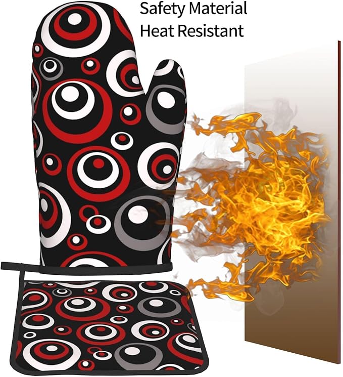 Retro Red Circles Oven Mitt and Pot Holder Set (3-Piece) - Heat Resistant Non-Slip Modern Geometric Gloves Gift for Chef Cooking Baking Grilling BBQ Lovers, Stylish Kitchen Decor, Red White Black Grey