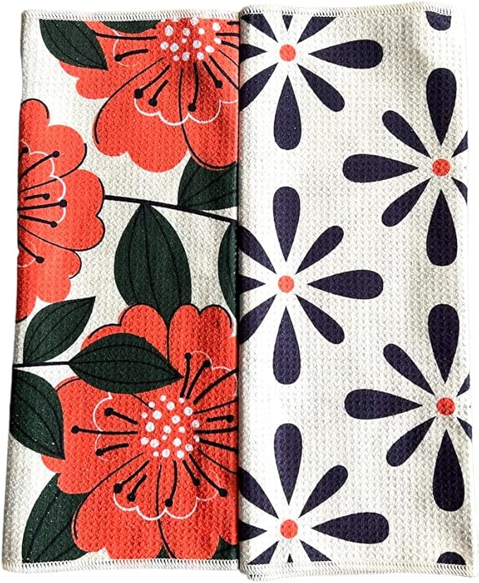 2 Pack Double Sided Kitchen Towels || Dish Towels || Quick Dry || Designer Prints || Highly Absorbent || Hanging Hook (Poppy)